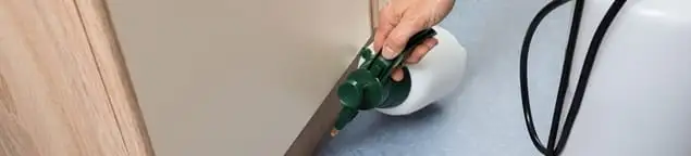 Bed bug exterminator treating baseboards and cracks with targeted spray in Oklahoma City, OK
