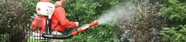 Mosquito control technician fogging shrubs and landscaping for mosquito treatment in Oklahoma City, OK