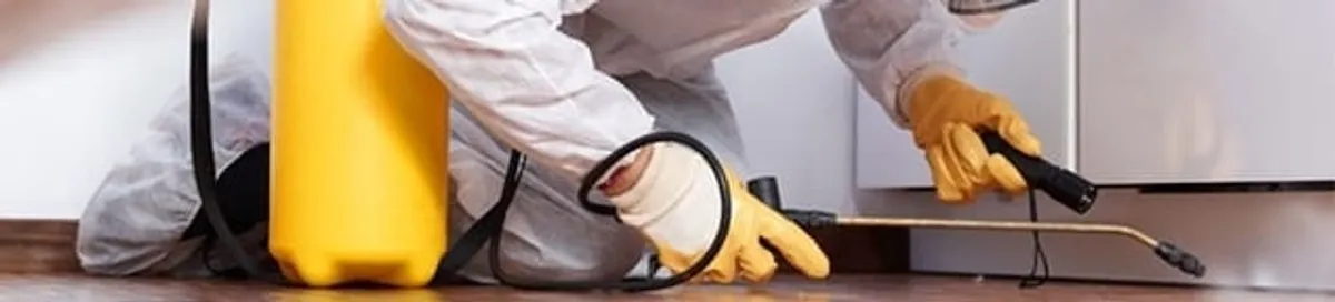 Roach exterminator treating cracks and crevices along kitchen baseboards in Oklahoma City, OK